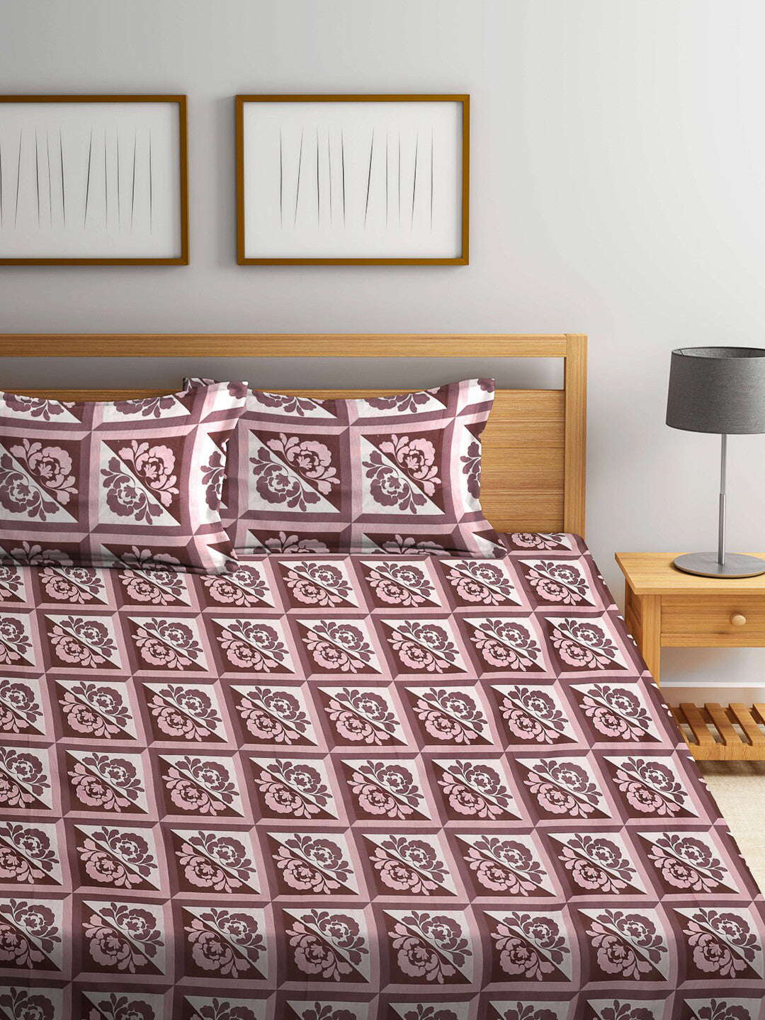 Brown floral cotton queen bedsheet, pink & brown